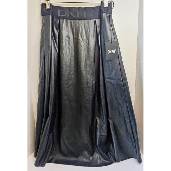 DKNY Black Faux Leather Logo Midi Skirt XL A Line Pleated Full Zip New with Tags - Picture 1 of 10